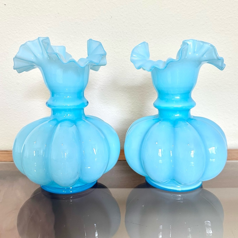 Vintage Pair Of Fenton Glass Melon Vases 8” Tall Light Blue Pastel Baby Blue